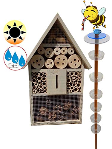 1x Lotus Bienenhotel, Premium Insektenhotel MIT BIENENTRÄNKE,XXL Bienenstock & Bienenfutterstation für Wildbienen, Insekten Überwinterung, grau