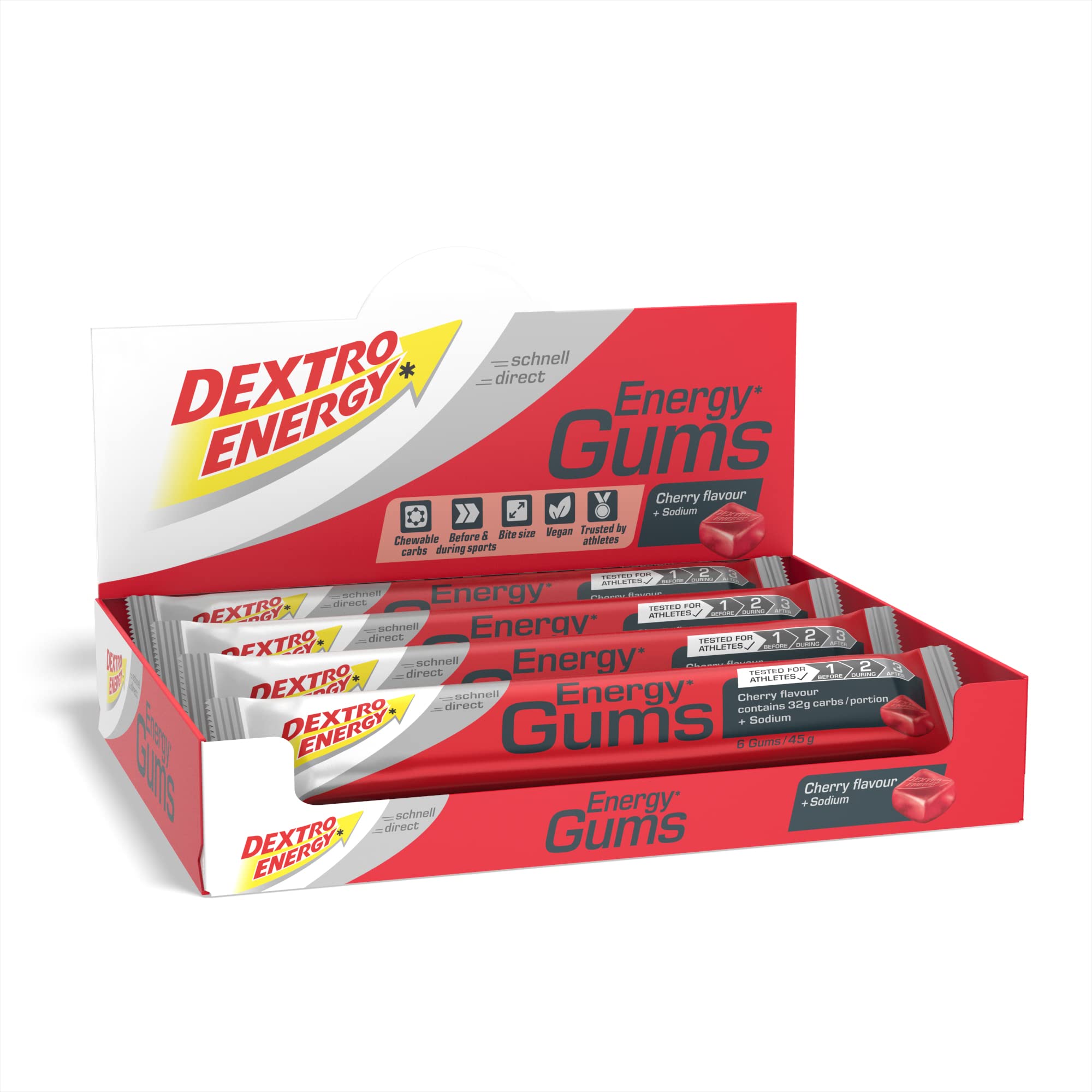 Dextro Energy Energy Gums | Cherry + Natrium | leckeres Fruchtgummi für Ausdauersportler | 15x45g | Vegan
