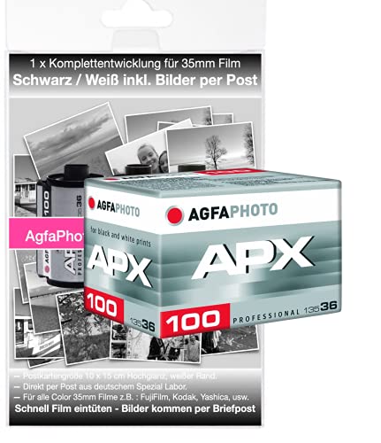 AgfaPhoto APX 100Schwarz/Weiß Kleinbild Film 100 ASA 36 Bilder incl. Komplettentwicklung per Briefpost in der Postkarten Größe 10 x15 cm. Auf Wunsch zusätzlich Bild Daten zusätzlich per WE Transfer.