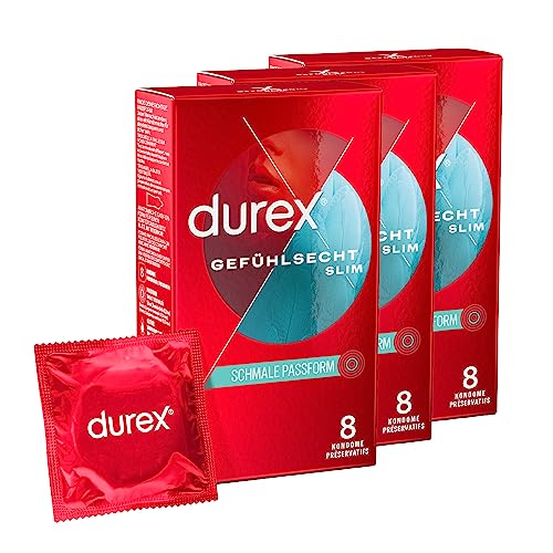 Durex Gefühlsecht Slim Fit Kondome – Hauchzarte Kondome mit schmaler Passform für intensives Empfinden – 3er Pack (3 x 8 Stück)