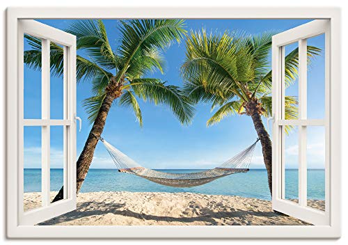 Artland Qualitätsbilder I Bild auf Leinwand Leinwandbilder Wandbilder 70 x 50 cm Landschaften Karibik Foto Blau B8DD Fensterblick Urlaub Palmen Strand Hängematte