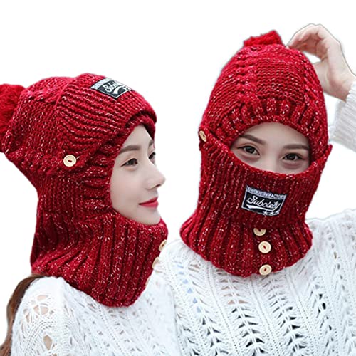 ZXCVB 2 in 1 Mask Scarf Knitted Hat, Winter Hat with Mask, Knitted Hat with Ear Protectors for Women Kids (Red)