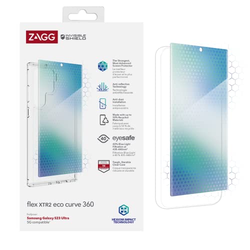 ZAGG InvisibleShield Flex Curve XTR2 ECO 360 Screen Protector Compatible for Samsung Galaxy S23 Ultra Bundle, Shockproof, Strong, Anti-Reflective, Blue Light Eyesafe, 5G, Clear