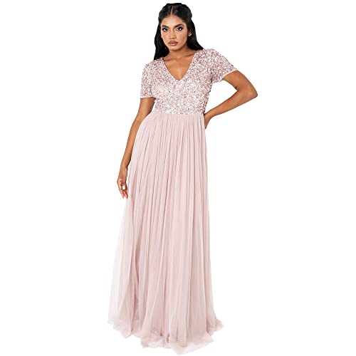 Maya Deluxe Women's Frosted Pink Stripe Embellished Maxi with Sash Belt Bridesmaid Dress, 34