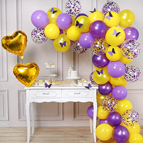 PartyWoo Schmetterling Party Luftballons, Luftballons Lavendel, Lila Luftballons, Gelb Ballons, Konfetti Ballons Lila, Herz Folienballon und Papier Schmetterling für Taufe Schmetterling