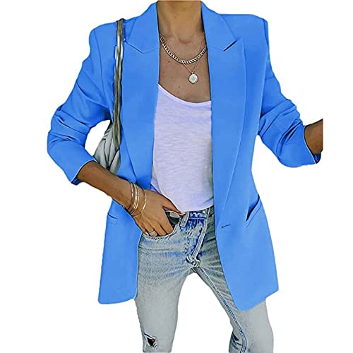 Yokbeer Damen Einfarbig Slim Fit Jacke Sommer Herbst Freizeit Coat Schuljacke für Den Herbst Elegant Langarm Blazer (Color : Blue, Size : XL)