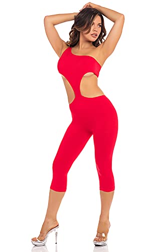 Pink Lipstick Lingerie One Shoulder Bodystocking Red S/M