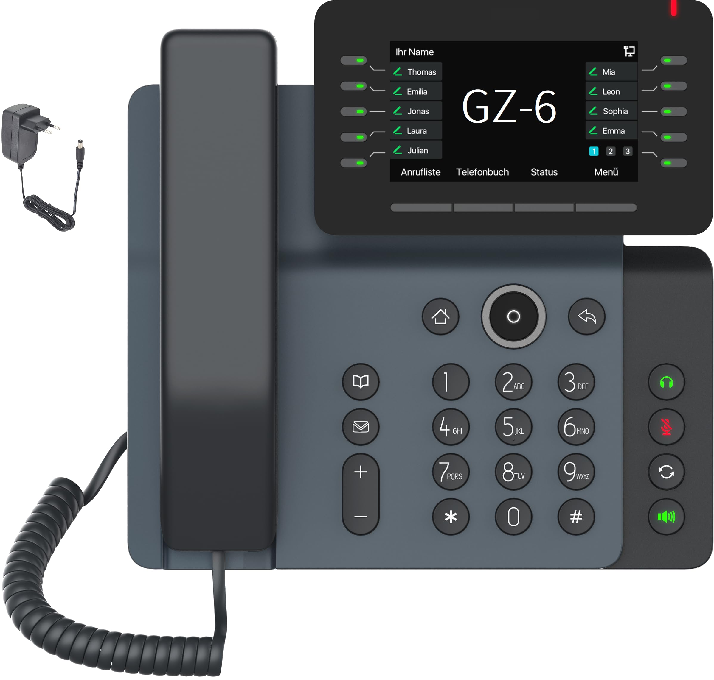 GEQUDIO IP Telefon GZ-6 mit Netzteil - Fritzbox, Telekom kompatibel - Premium Freisprechen & neigbares Display - Anleitung für Fritz!Box Telefonanlage, Sipgate, Telekom, Speedport - WLAN Bluetooth