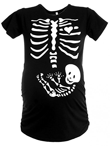 Happy Mama Damen Baby Bauch Skelett T-Shirt Jersey Oberteil für Schwangere. 085p (Schwarz, EU 40/42, XL)