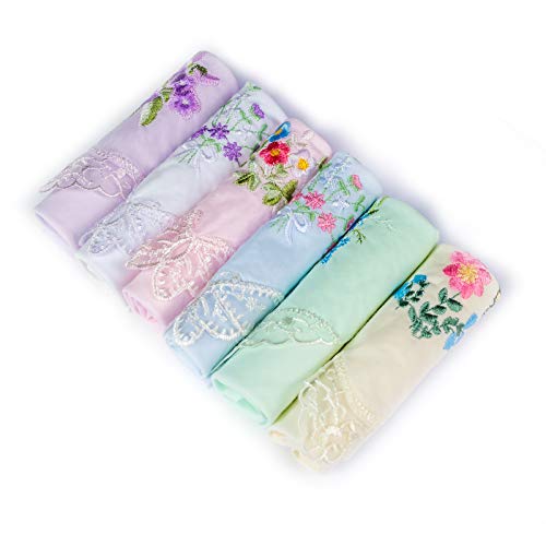 Damen-Taschentücher aus 100 % Baumwolle, bestickt, Vintage-Blumenmuster, 6 Stück