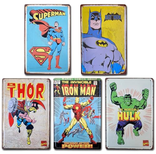 5 Stück Superhelden Blechschilder im Retro-Stil von Comics Batman, Thor, Hulk, Ironman und Superman | Maße: 20 x 30 cm