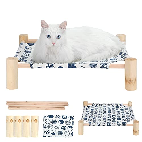 Hölzerne Katzenhängematte, erhöhtes Bett, tragbares Haustierbett, Massivholz, abnehmbar und waschbar, für alle Jahreszeiten, für Katzen und Welpen, einfach zu montieren (blaue Katze auf Weiß)