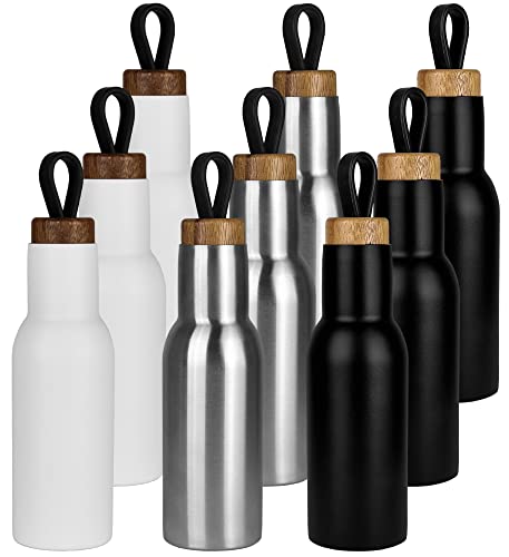 Edelstahl Trinkflasche mit Holzdeckel - 3-teiliges Set - Vakuum auslaufsichere Thermoskanne, Wasserflasche BPA frei, Isolierte Thermosflasche für Sport, Laufen, Fahrrad, Wandern - 400ml - Silber