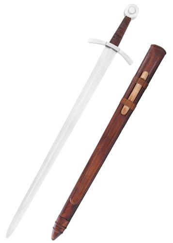 Battle-Merchant Scheibenknauf-Schwert mit Lederscheide | Hochmittelalter Einhänder der Kreuritter für Erwachsene | Schaukampf Schwert aus echtem Federstahl