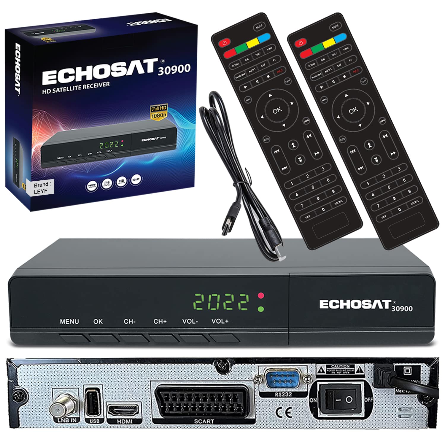 Echosat & Leyf 30900 Digital Satelliten Receiver - DVB-S/DVB-S2 - Digitaler Sat Receiver - Full HD 1080p HD Kabel + 2X Fernbedienung [Vorprogrammiert für Astra, Hotbird und Türksat]
