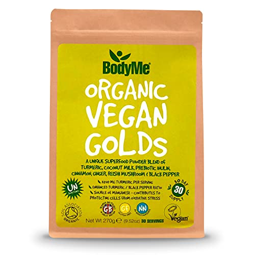 BodyMe Bio Vegane Golds Pulver | 270g | Kurkuma Mischung | Mit Kurkuma Kokosmilchpulver Präbiotisches Inulin Zimt Ingwer Reishi-Pilz Schwarzer Pfeffer