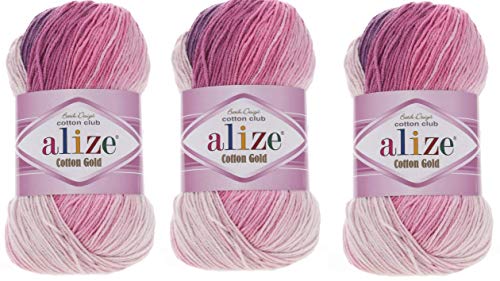 Alize Batikgarn aus 55 % Baumwolle, 45 % Acryl, 3 Knäuel, 300 g, 1082 yds Strickgarn aus Acryl-Baumwolle, 2 Sportgarn (3302)