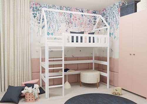 thematys OTYLIA Hochbett 90x200 - Sicheres & Modernes Mezzanin Kinderbett mit Lattenrost in 3 Farben wählbar (Weiß)