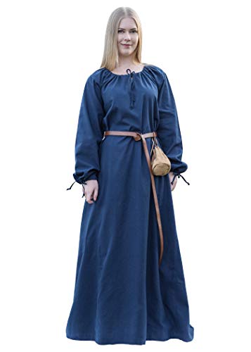 Battle-Merchant Mittelalter Kleid Ana Damen | Wikinger Kostüm Langarm bodenlang Baumwolle | LARP Gewandung, blau, Gr. S