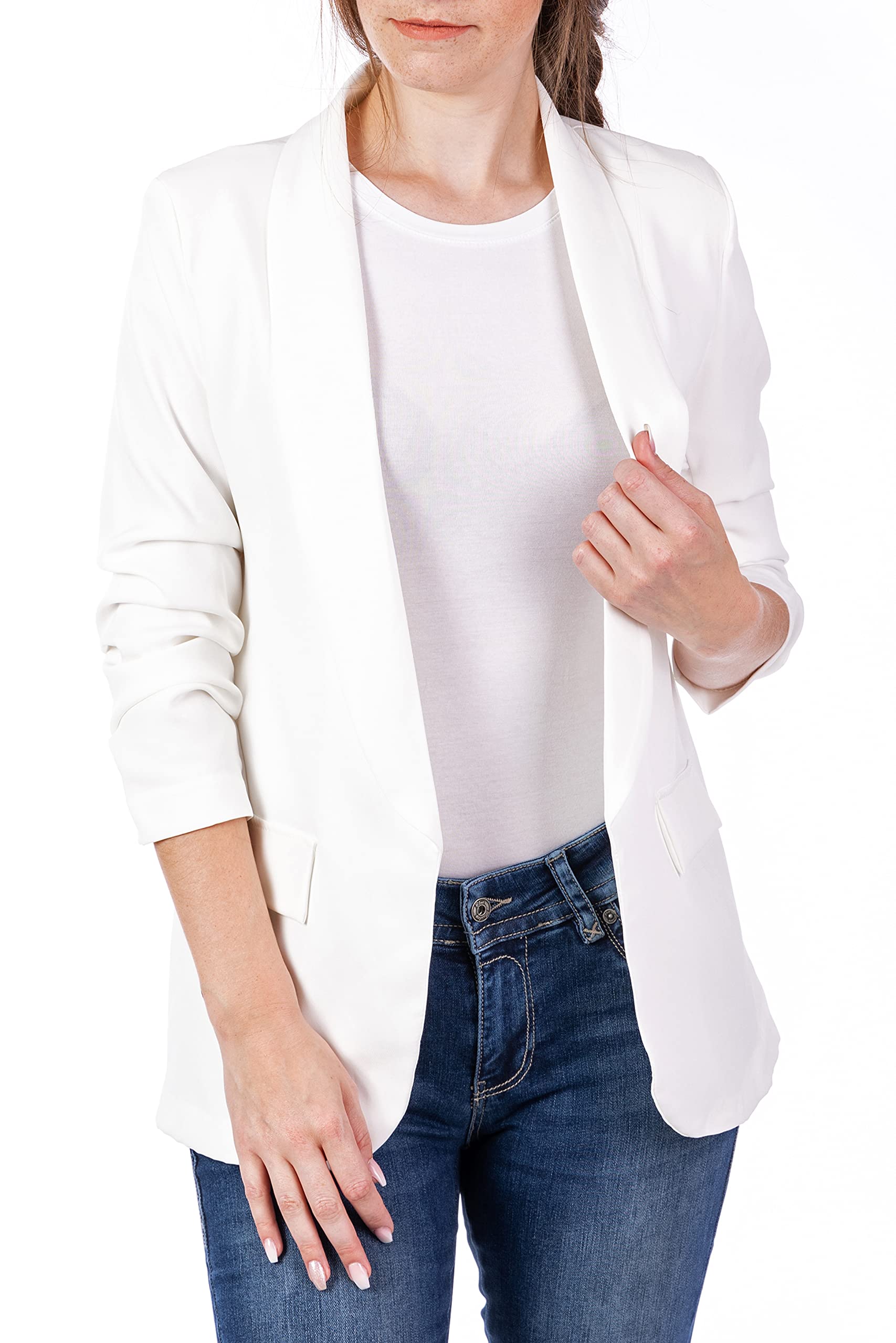 U&F Damen Business Blazer mit gekrempelten 3/4 Ärmeln | sportlich, elegant und modisch | in trendigen Farben mit tailliertem Schnitt | ein leichter Anzug für jeden Anlass Weiß Größe: M