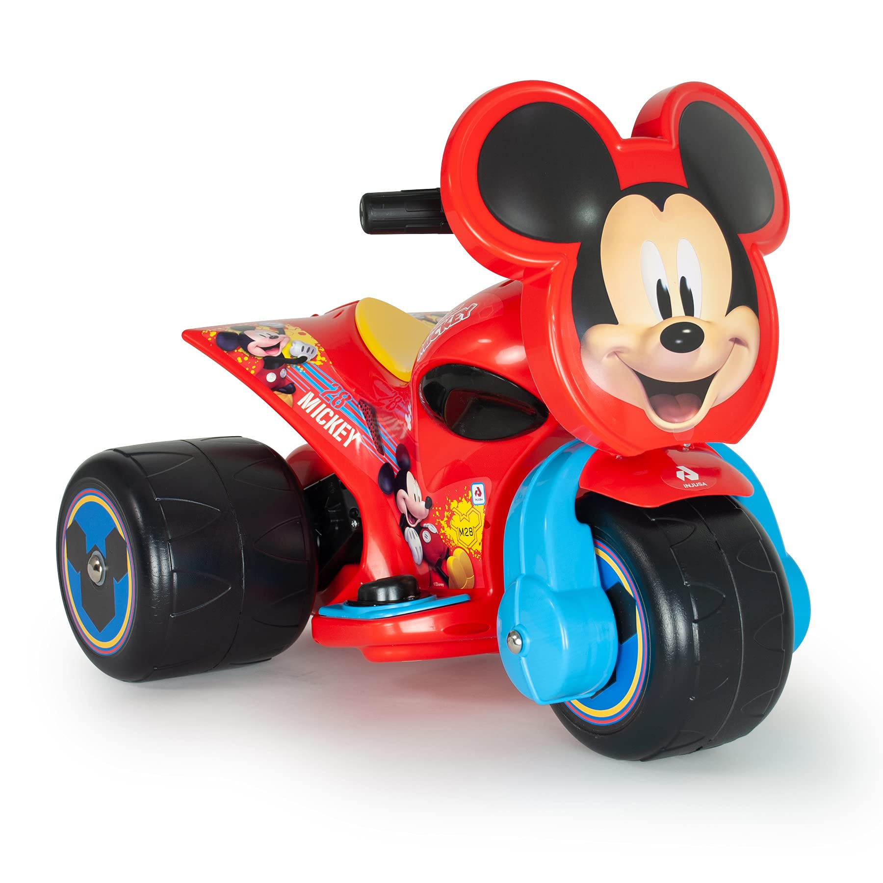 INJUSA - Elektromotorrad Mickey Mouse Samurai, 6V Batterie, für Kinder von 1 bis 3 Jahren, mit Gaspedal und 3 Breiten Kunststoffrädern, Höchstgeschwindigkeit 3 Km/h, Farbe Rot