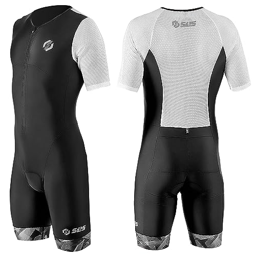 SLS3 Triathlon Einteiler Herren | Aerodynamischer Kurzarm Trisuit mit Ärmeln | 2 Taschen | Wettkampf | Front-Reißverschluss | Schwarz (Black/White Geo, M)