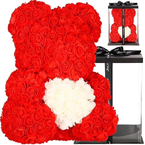 SPRINGOS Teddybär aus Rosen mit Herz Rosenbär in Geschenkbox Kunstblumenfigur Höhe 36 cm Geschenk für Mama Verlobung Geburtstagsgeschenk