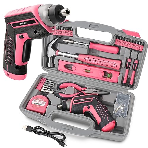 Hi-Spec 35-teiliges Pink-Rosa Heimwerker-Werkzeugset mit wiederaufladbarem USB-Akkuschrauber. Für Reparaturen und Wartungen in einem praktischen Koffer– Für Frauen und Mädchen
