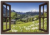 Artland Leinwandbild Wandbild Bild auf Leinwand 100x70 cm Wanddeko Fensterblick Fenster Alpen Landschaft Berge Wald Gebirge Wiese Natur T5TP