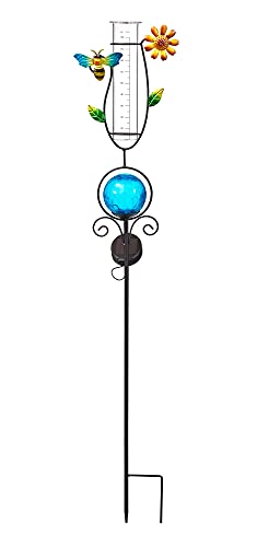 Regenmesser mit LED Beleuchtung für den Garten, 2-in-1 Funktion, Metall-Erdspieß, farbige Glaskugel in Bruchglas-Optik, Niederschlagsmesser aus Glas (blau mit Biene & Blume)