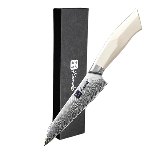 Kensaki Allzweckmesser aus Damaszener Stahl Küchenmesser Japanischer Art hergestellt aus 67 Lagen Damaststahl | Weißer G10 Griff - Shiro Serie