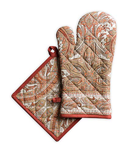 Maison d 'Hermine Kashmir Paisley 100% Baumwolle Set aus Ofenhandschuh (19 cm x 33 cm) und Topflappen (20 cm x 20 cm) zum BBQ | Kochen | Backen | Mikrowelle | Grillen | Thanksgiving/Weihnachten