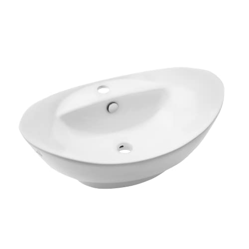 VBChome Waschbecken 59 x 39 cm mit Hahnloch Keramik Weiß Oval Waschtisch Handwaschbecken Aufsatzwaschbecken Waschschale Gäste WC