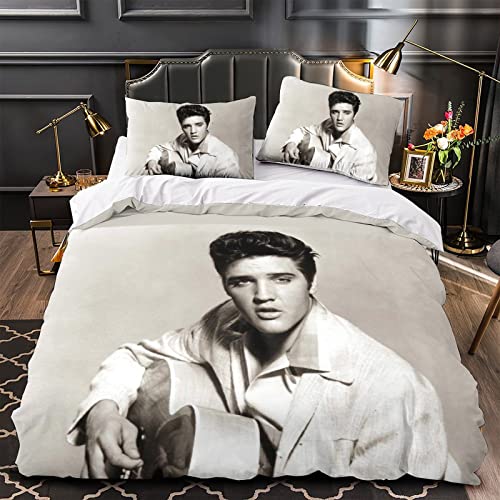 Elvis Presley Drucken Bettbezug Bettwäsche Set 3teilig,3D Sängerin Druck Bettwäsche-Set Mädchen Junge Deluxe Mikrofaser Bettbezug Mit Reißverschluss Und Kissenbezüge einfach（135x200cm）