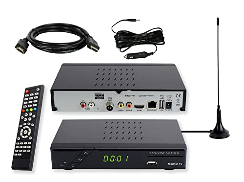 Set-ONE EasyOne 740 HD DVB-T2 Receiver inkl. 3 Monate gratis Freenet TV, PVR Ready, Full-HD, HDMI, LAN, Mediaplayer, USB 2.0, HBBTV, 12V Camping Adapter Kabel, 2 Meter HDMI Kabel und DVB-T2 Antenne