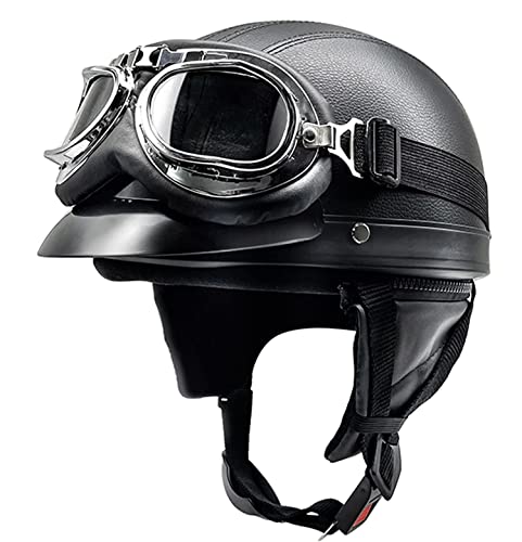 Halbhelme Motorradhelm, Pu-Leder Half Helm mit Schutzbrille, DOT/ECE-Zulassung Retro Halbschalenhelm, mit Schnellverschluss Schnalle, Erwachsene Unisex JetHelm 1,L=54-62