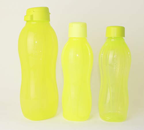 TUPPERWARE Trinkflasche EcoEasy 1x 1,5L Limette Clip + 2x 750ml Neongelb mit Clip und Limette mit Schraubverschluss Flasche + Ausstecher Orange Ei