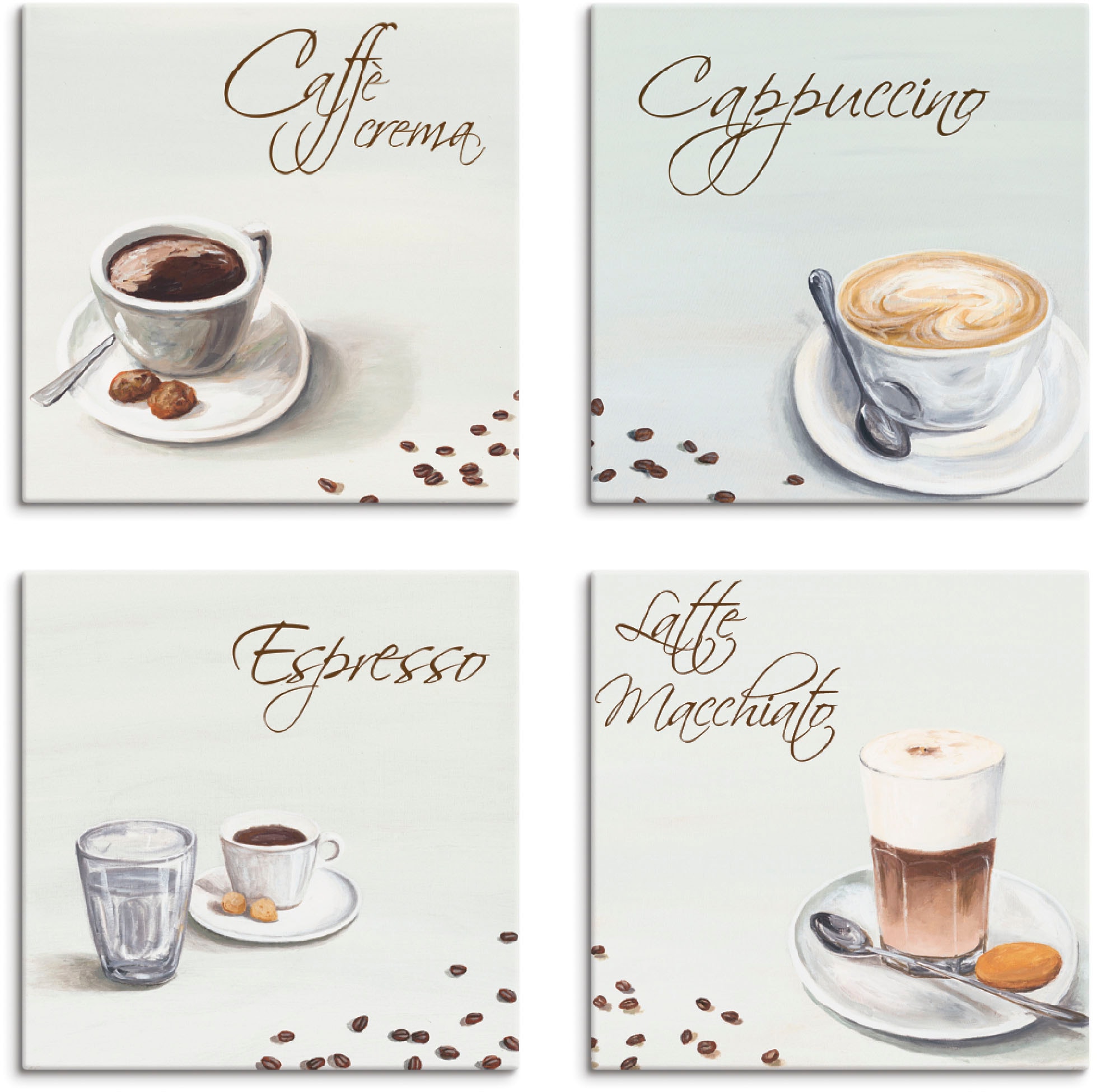 Artland Leinwandbild "Cappuccino Espresso Latte Macchiato", Getränke, (4 St.)