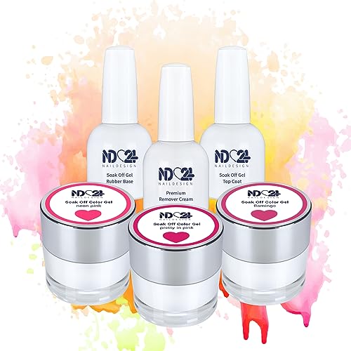 ND24 NailDesign Premium Bundle It Factor Soak Off Gel Collection Rubber Base Top Coat und Cream Remover - Hochpigmentiert UV LED Gellack - Satte Farbe Haltbar - Easy Peel Off Ablösen - 6-teilig