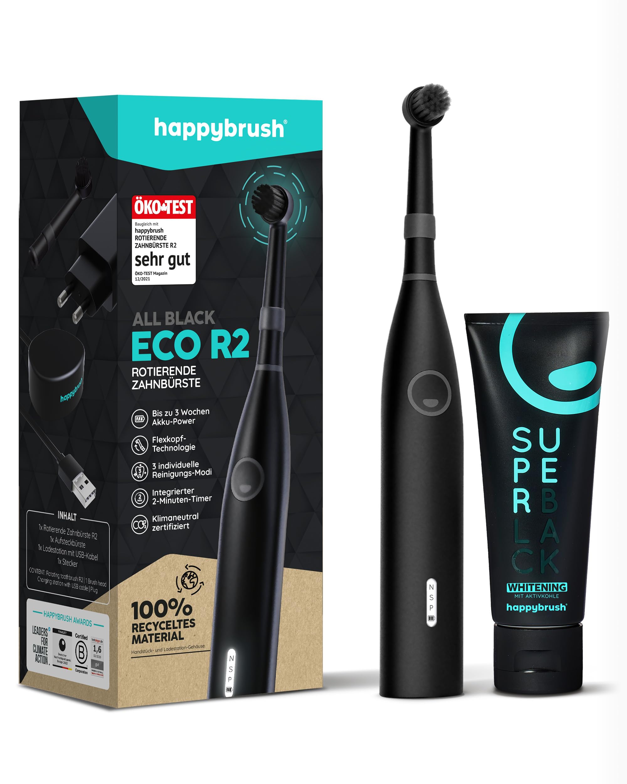 happybrush® Elektrische Zahnbürste Eco R2 - Nachhaltige rotierende Zahnbürste mit Power-Akku inkl. 3 Aufsteckbürsten und Zahnpasta - AllBlack