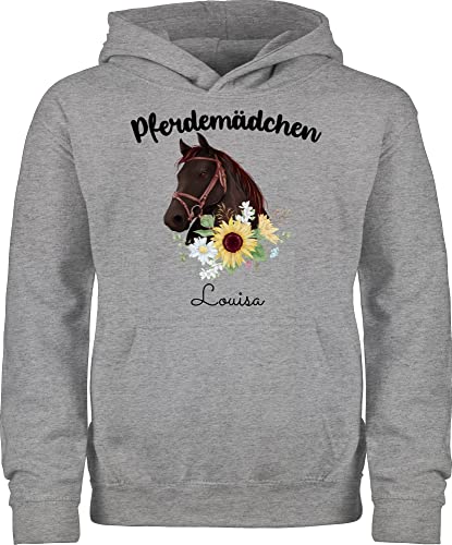 Reiten Zubehör Pferde Geschenk - Pferdemädchen - Pferdekopf mit Blumen und Name - 140 (9/11 Jahre) - Grau meliert - JH001K JH001J Just Hoods Kids Hoodie - Hoodie Kinder Pullover für Mädchen und