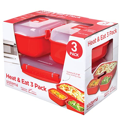 Sistema Microwave-Heat & Eat Frischhaltedosen Set | 3 rechteckige Mikrowelle-Vorratsdosen mit Deckeln (1 x 1,25 l + 2 x 525 ml) | verschließbare Clips und Belüftungsventile | BPA-frei, Rot
