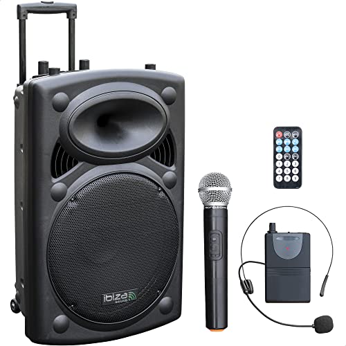Ibiza Port15VHF-BT mobile 38cm PA-DJ-Anlage PA-Box Bluetooth-Lautsprecher inkl. Funkmikrofon, Fernebdienung (400W RMS, Akku-Betrieb,USB/SD, Radio) schwarz