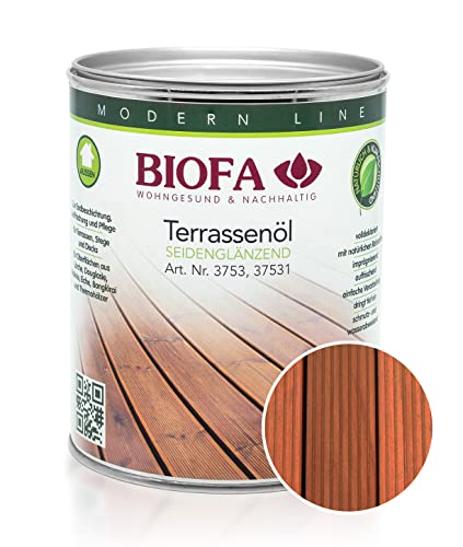 BIOFA Terrassenöl farbig 37531 Pflegeöl für Holzterrassen und Terrassen-Dielen aus Holz – Öl aus natürlichen Rohstoffen - Außenbereich (1L, Bangkirai)