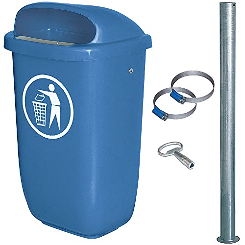 Abfall-Behälter für den Außenbereich, Inhalt 50 Liter, nach DIN 30713, im Komplettset mit verzinktem Rohrpfosten