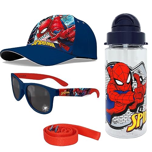 Kinder Schule Sommer Caps, Wasserflasche und Sonnenbrille, (Spiderman Blue), 3-7 Jahre