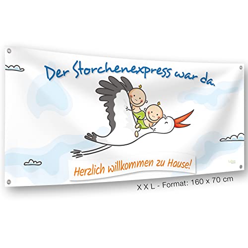 Banner mit Storch und Zwillingen - Geschenk zur Geburt » Der Storchenexpress war da › Herzlich willkommen zu Hause Mama und Kinder › 160 cm breit › inkl. Ösen › Made in Germany