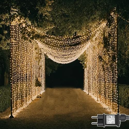 Dekofun 600 LED Lichtervorhang 6m x 3m Lichterketten Vorhang mit Stecker, 8 Modi Weihnachtsbeleuchtung Wasserdichte Lichter Vorhänge für Innen Außen Weihnachten Wand Hochzeit Party Deko - Warmweiß