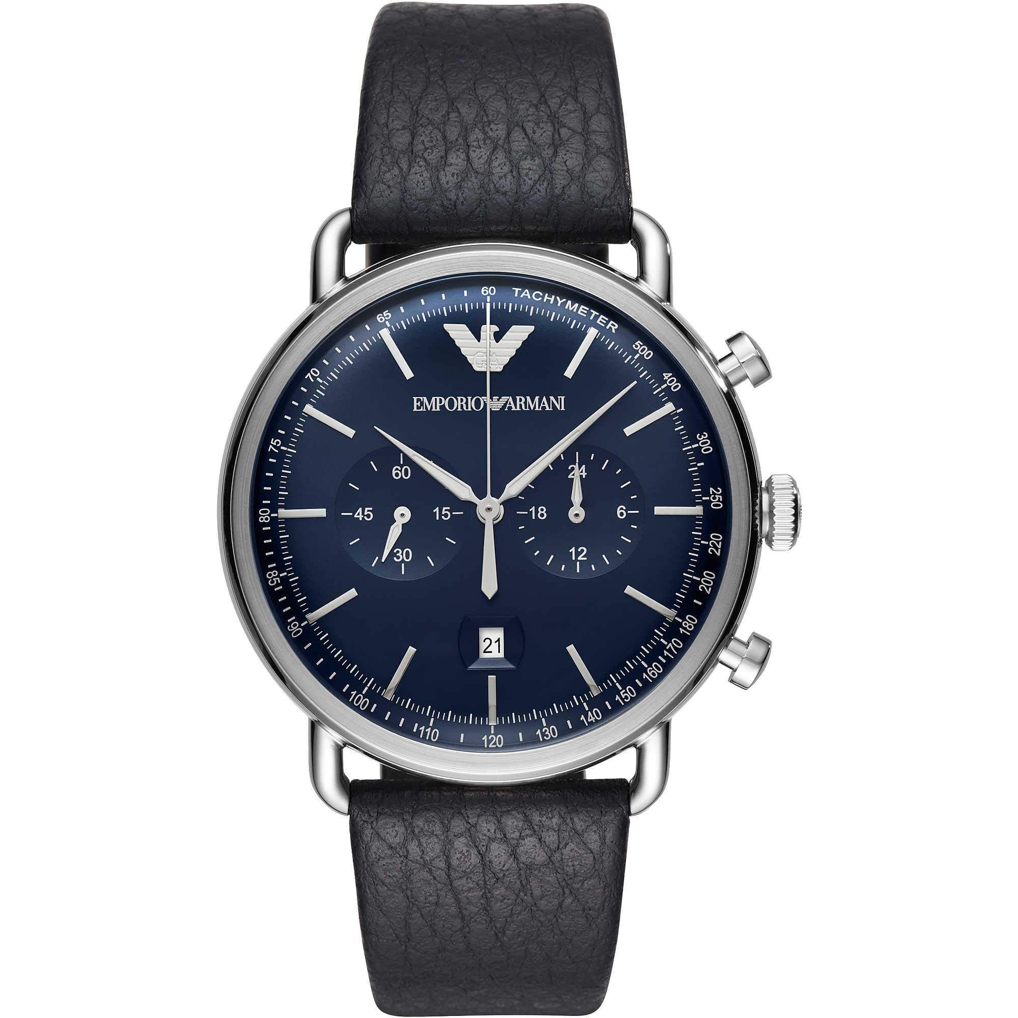 Emporio Armani Uhr für Herren, Chronographenwerk, 43mm Silbernes Edelstahlgehäuse mit Lederarmband, AR11105