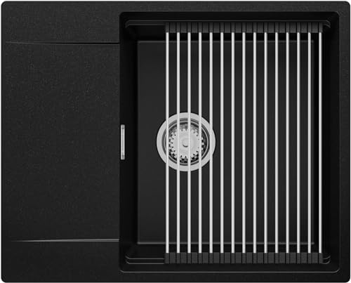 Spülbecken Schwarz 62x50 cm, Granitspüle + Ablauf-Set, Küchenspüle für 50er Unterschrank, Einbauspüle von Primagran